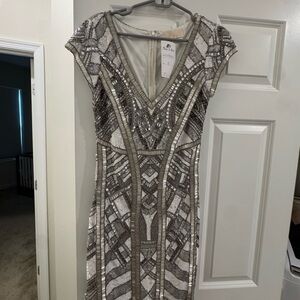 Adrianna Papell Silver and Gray Patterned Midi Dress